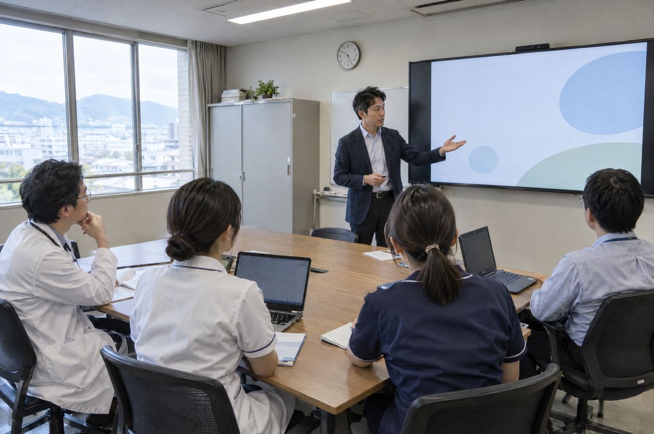 会議室で職員に説明する管理部門の担当者