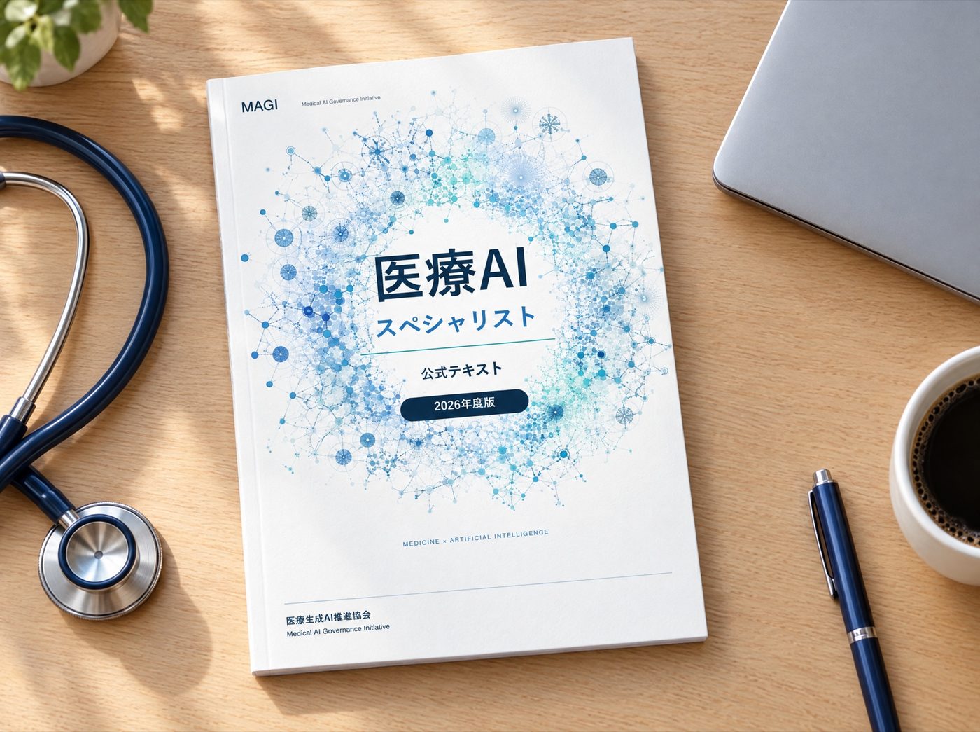 聴診器やノートPCと一緒に机に置かれた公式テキスト