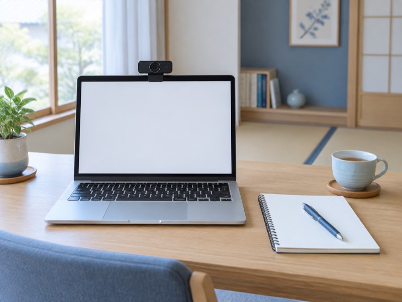 Webカメラを取り付けたノートPCの受験環境